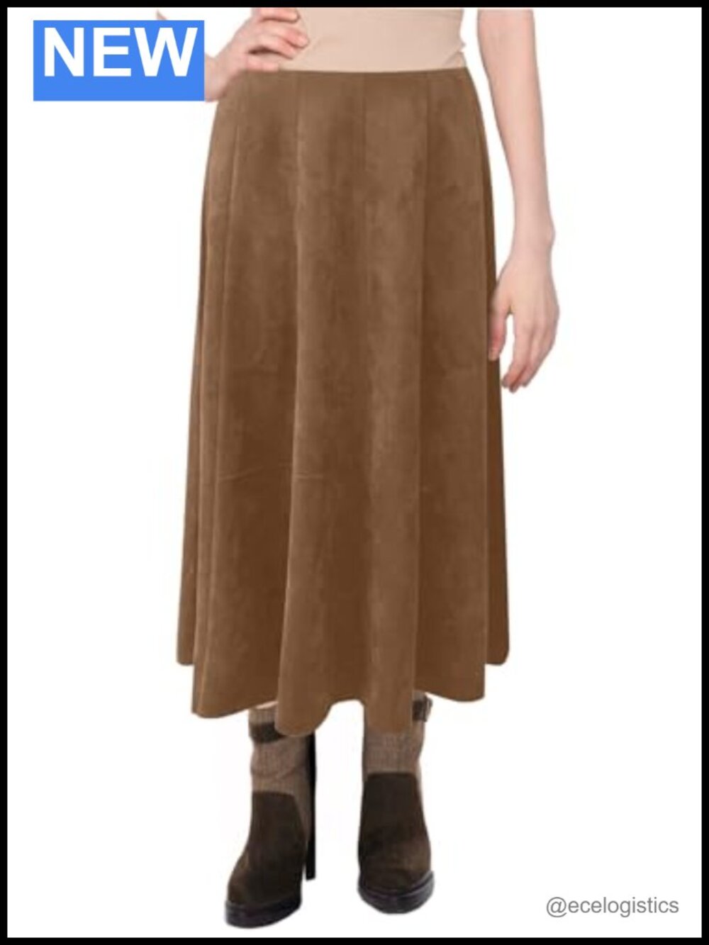 Faux Suede Western Style Midi Skirt Stretch Panel Flare